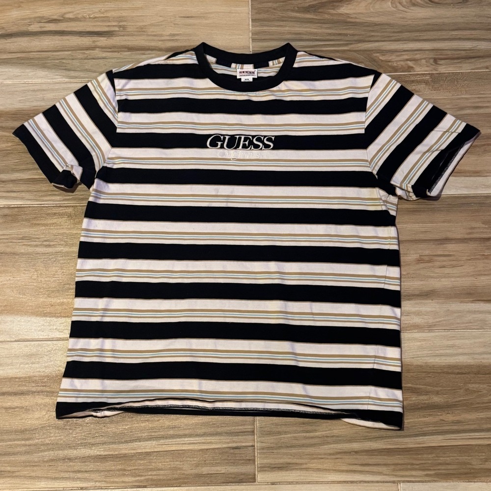 Guess Originals Mens Striped Embroidered Logo T-Shirt Black Tan M1YI28KAAU1 M